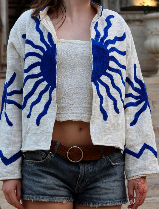 Sunburst Embroidered Bomber Jacket - Blue