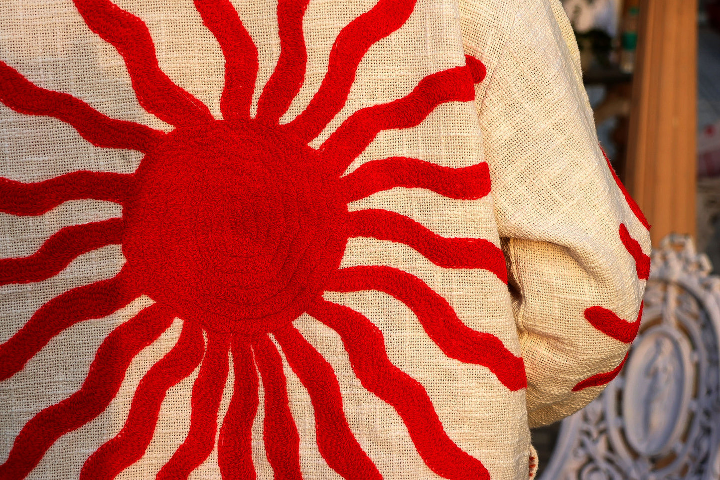 Sunburst Embroidered Bomber Jacket - Red