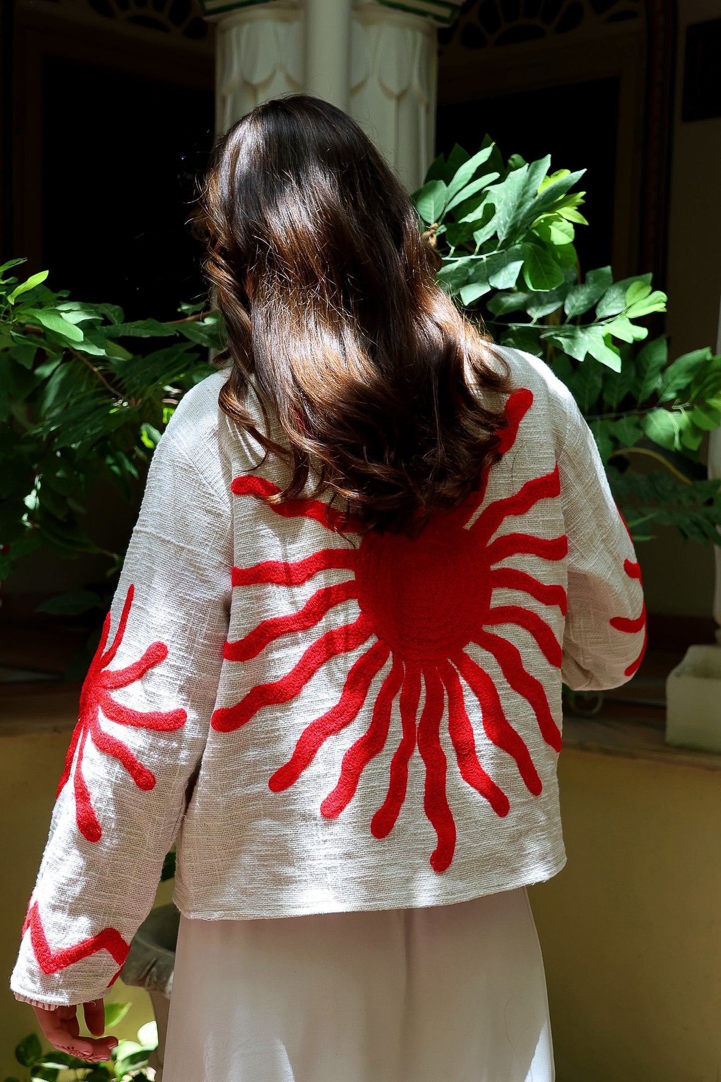 Sunburst Embroidered Bomber Jacket - Red
